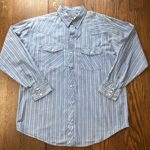 Mens XL Cowboy Shirt Pearl Snaps Long Sleeve Blue Striped Western Trails Cotton